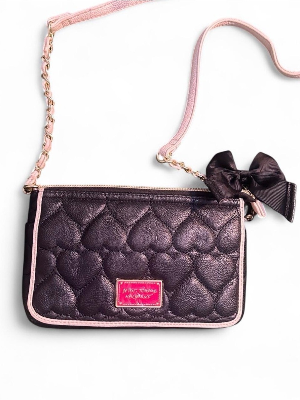 Betsey Johnson Quilted Heart Crossbody Bag in Plum with Pink Trim